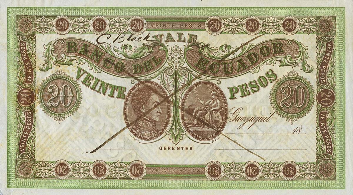 Front of Ecuador pS141D: 20 Pesos from 1872