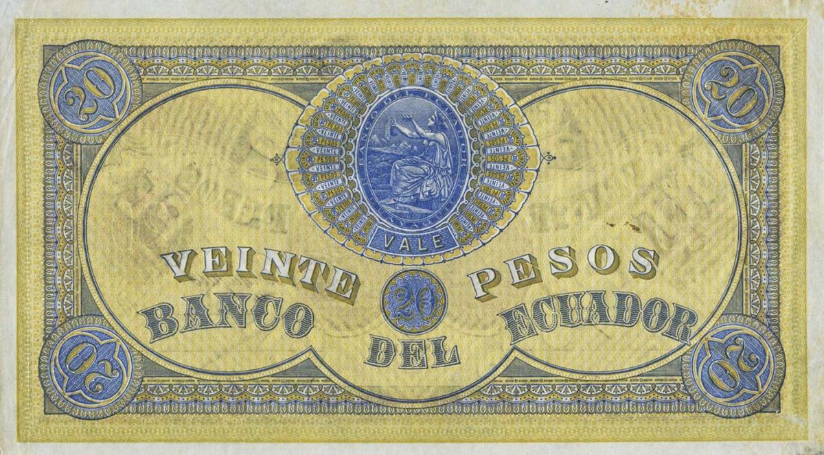 Back of Ecuador pS141Dct3: 20 Pesos from 1872