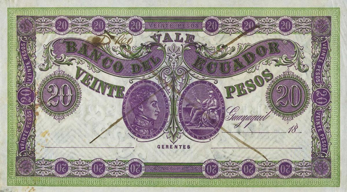 Front of Ecuador pS141Dct3: 20 Pesos from 1872