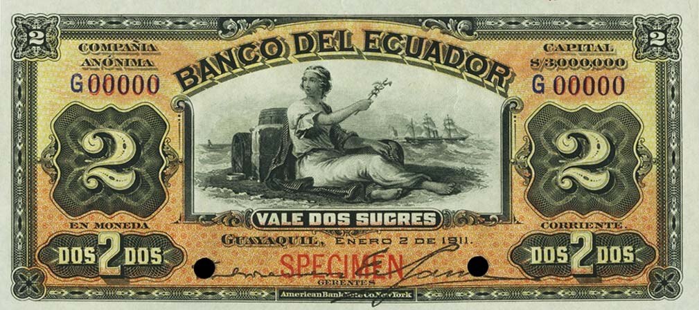 Front of Ecuador pS155s: 2 Sucres from 1911