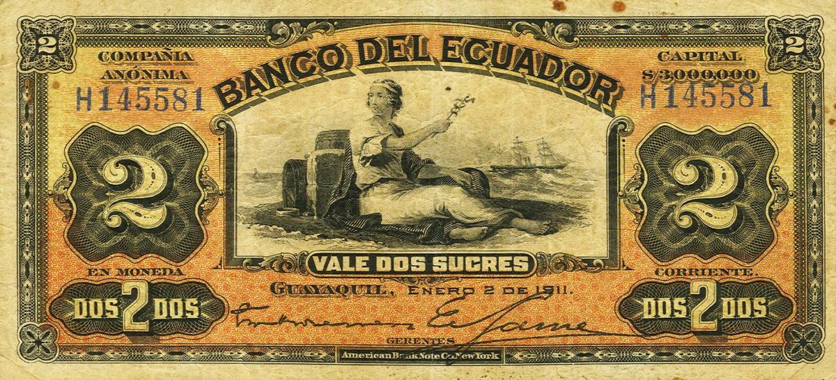 Front of Ecuador pS156a: 2 Sucres from 1911