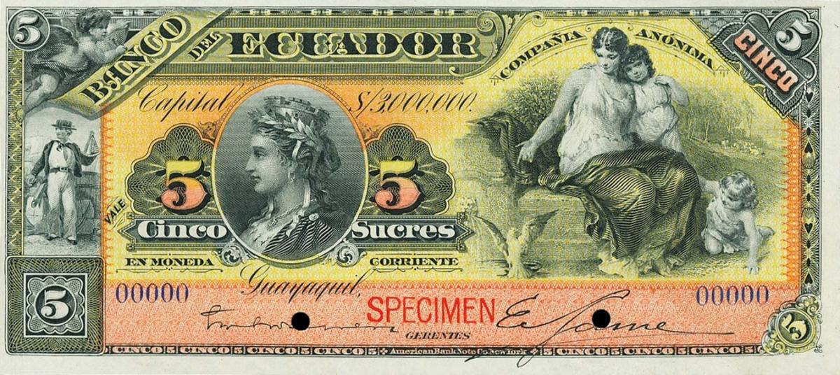 Front of Ecuador pS158s: 5 Sucres from 1899