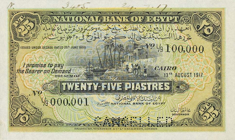 Front of Egypt p10s: 25 Piastres from 1917