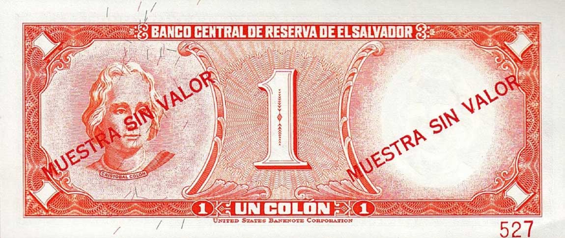 Back of El Salvador p110s1: 1 Colon from 1968