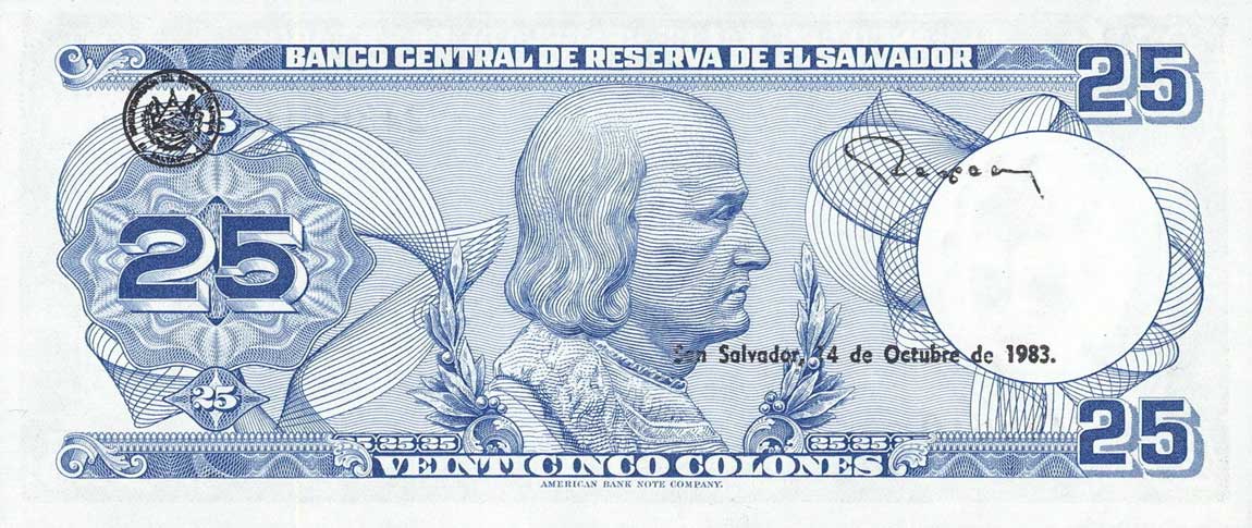 Back of El Salvador p136a: 25 Colones from 1983