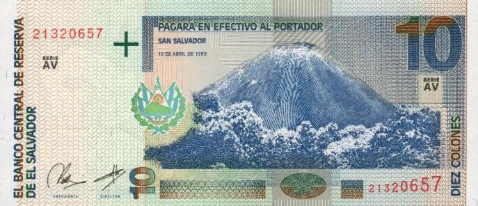 Front of El Salvador p154a: 10 Colones from 1999