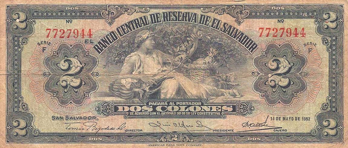 Front of El Salvador p76a: 2 Colones from 1934