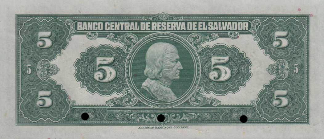 Back of El Salvador p77s: 5 Colones from 1934