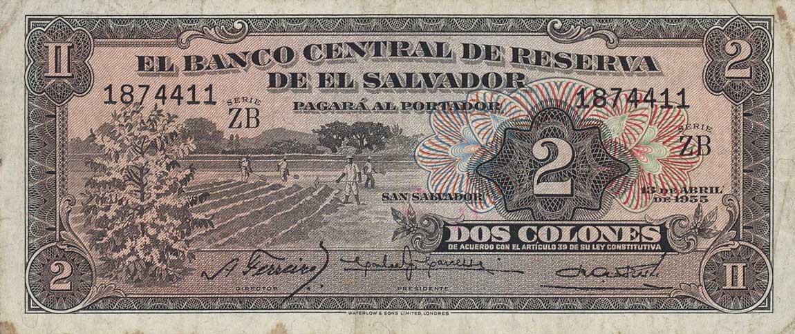 Front of El Salvador p91a: 2 Colones from 1955