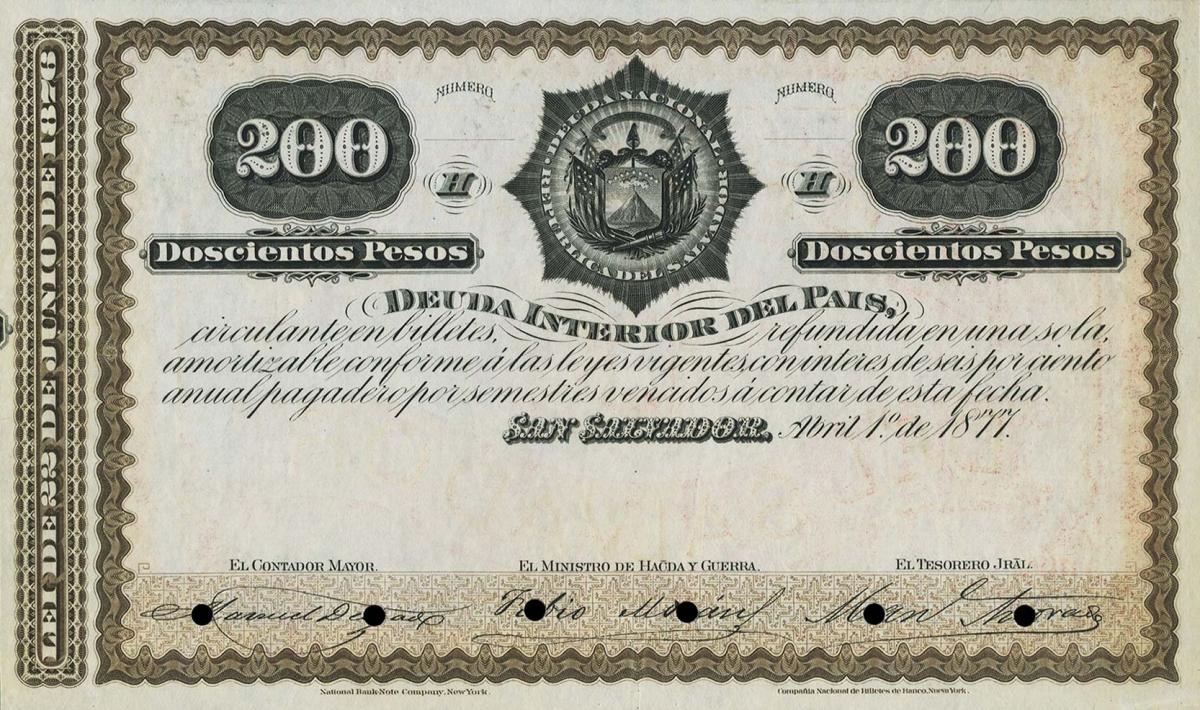 Front of El Salvador p16: 200 Pesos from 1877