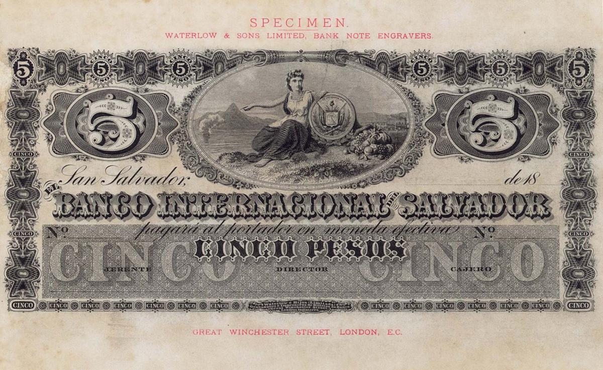 Front of El Salvador pS152s: 5 Pesos from 1880