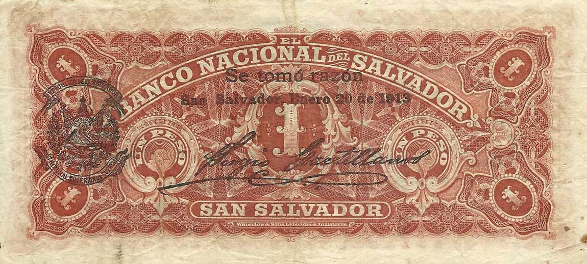 Back of El Salvador pS161b: 1 Peso from 1900