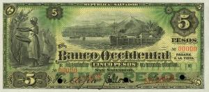 pS176s1 from El Salvador: 5 Pesos from 1891