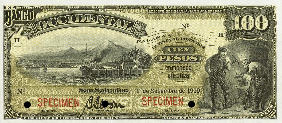 Front of El Salvador pS180s2: 100 Pesos from 1900