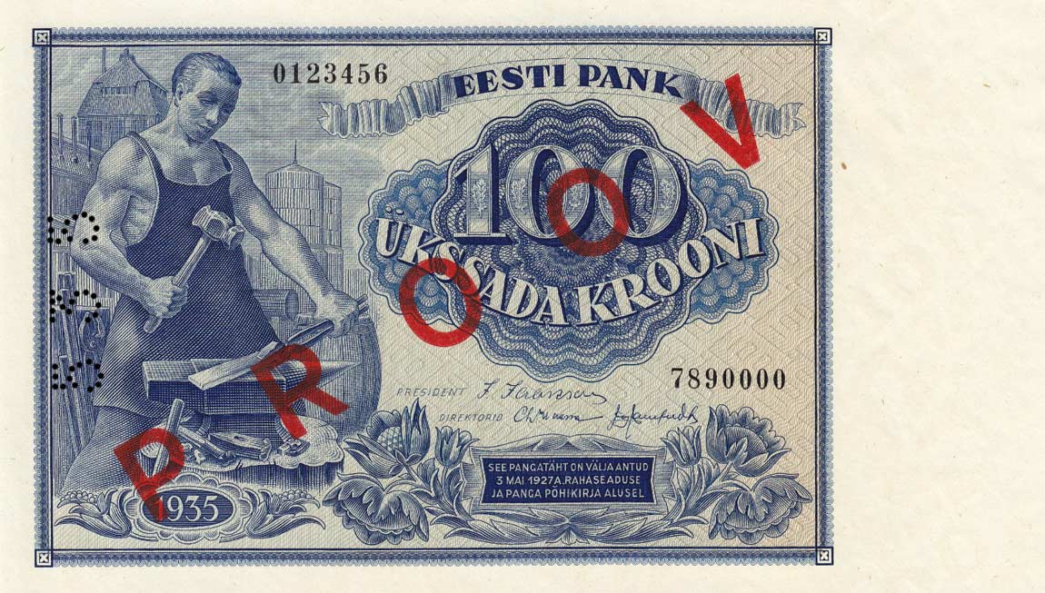 Front of Estonia p66s: 100 Krooni from 1935