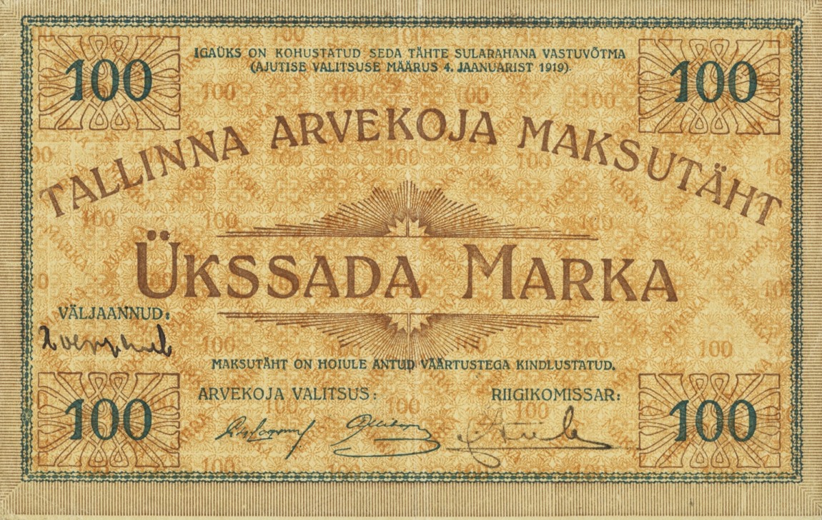 Front of Estonia pA3a: 100 Marka from 1919