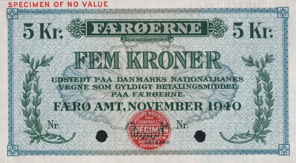 Front of Faeroe Islands p10s: 5 Kronur from 1940
