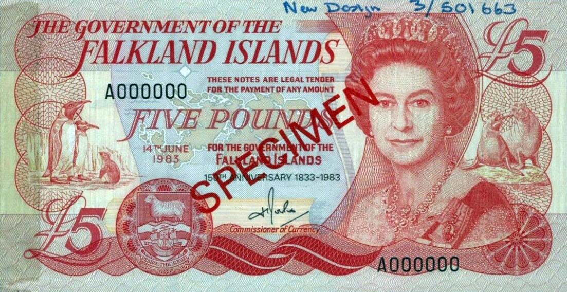 Front of Falkland Islands p12s: 5 Pounds from 1983