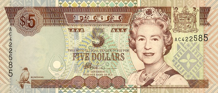 Front of Fiji p105b: 5 Dollars from 2002