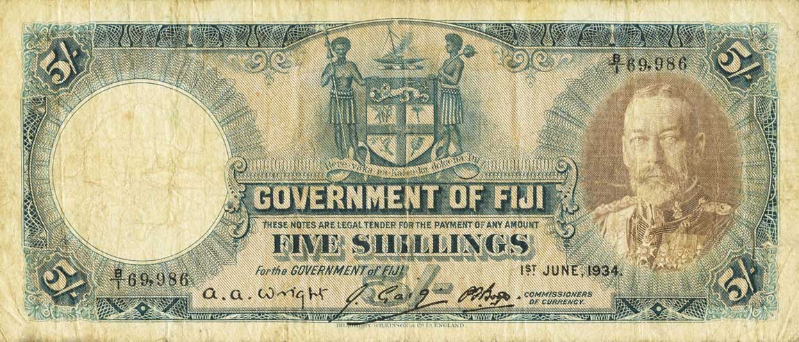 Front of Fiji p31b: 5 Shillings from 1934