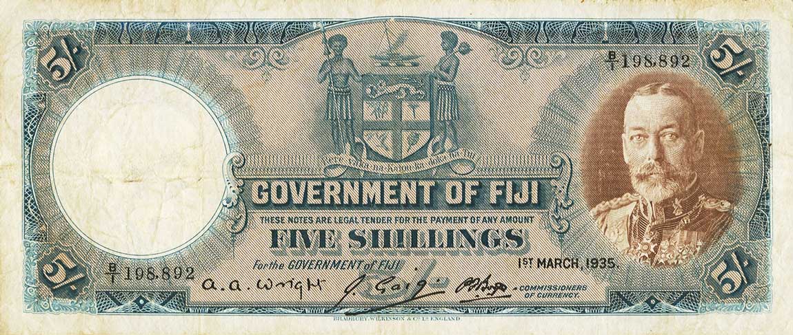 Front of Fiji p31c: 5 Shillings from 1935