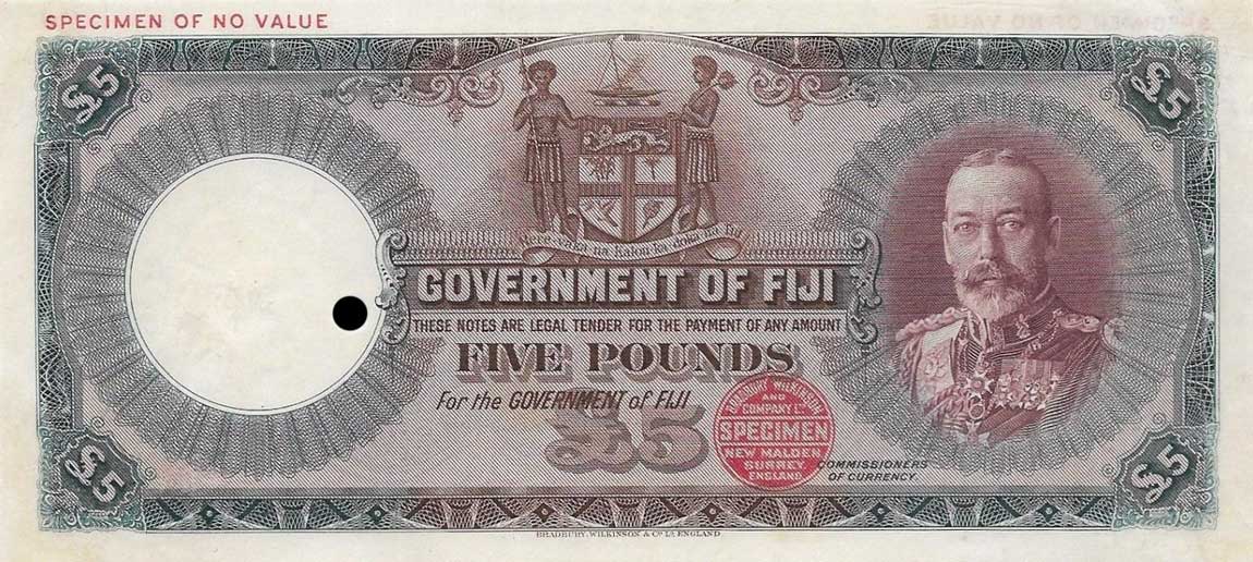 Front of Fiji p34cs: 5 Pounds from 1934