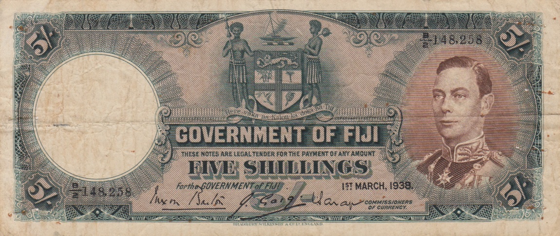 Front of Fiji p37b: 5 Shillings from 1938
