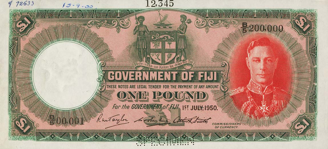 Front of Fiji p40s: 1 Pound from 1941