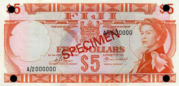 Front of Fiji p73s2: 5 Dollars from 1974