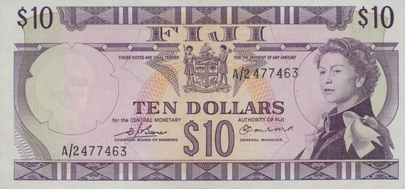 Front of Fiji p74b: 10 Dollars from 1974