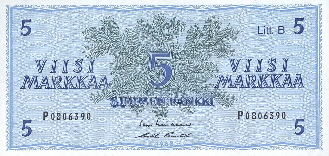 Front of Finland p106Aa: 5 Markkaa from 1963