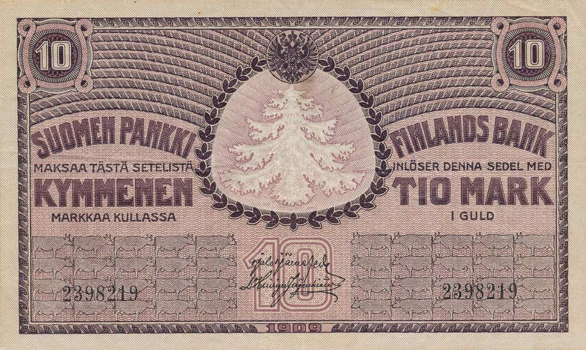 Front of Finland p10a: 10 Markkaa from 1909