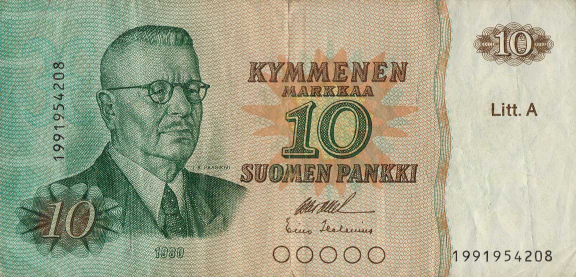 Front of Finland p112r: 10 Markkaa from 1980