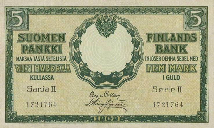 Front of Finland p30: 5 Markkaa from 1909