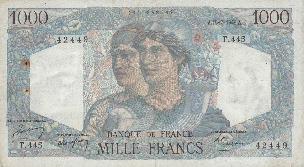 Front of France p130b: 1000 Francs from 1948