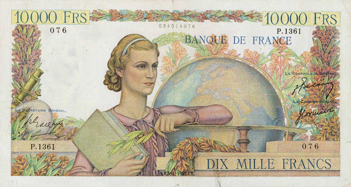 Front of France p132c: 10000 Francs from 1950