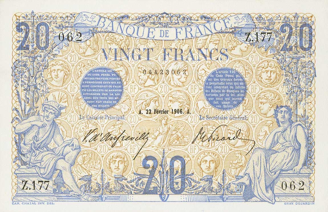 Front of France p68a: 20 Francs from 1906