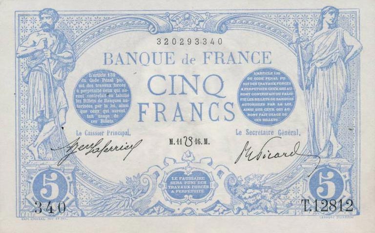 Front of France p70: 5 Francs from 1912