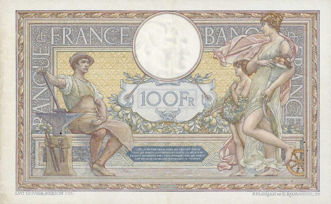 Back of France p71c: 100 Francs from 1922