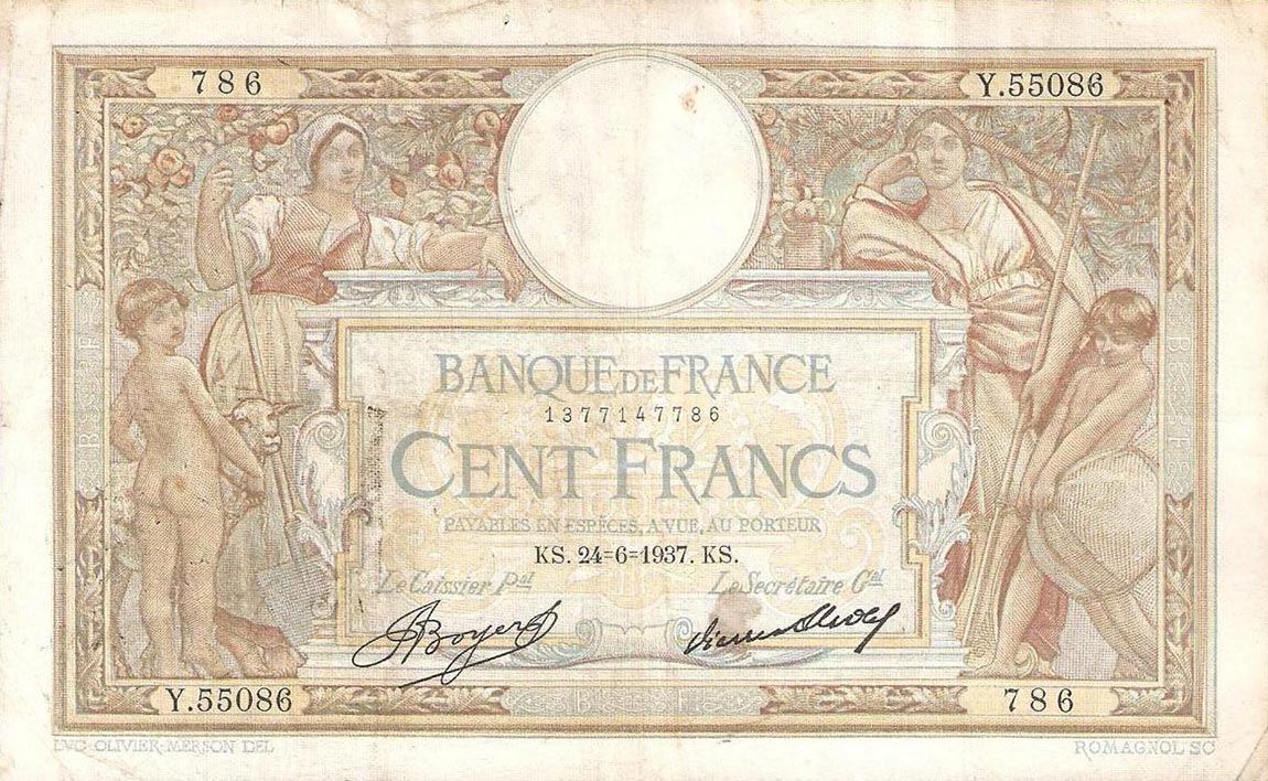 Front of France p86a: 100 Francs from 1937