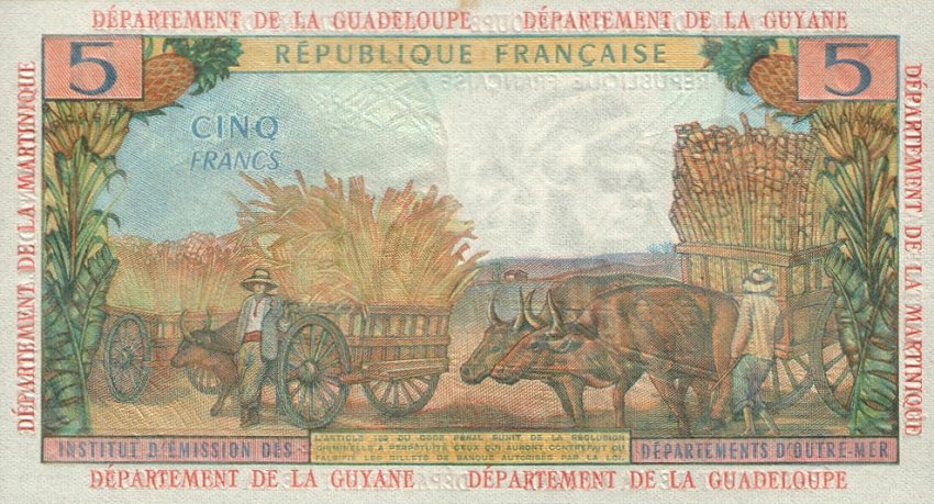 Back of French Antilles p7a: 5 Francs from 1964