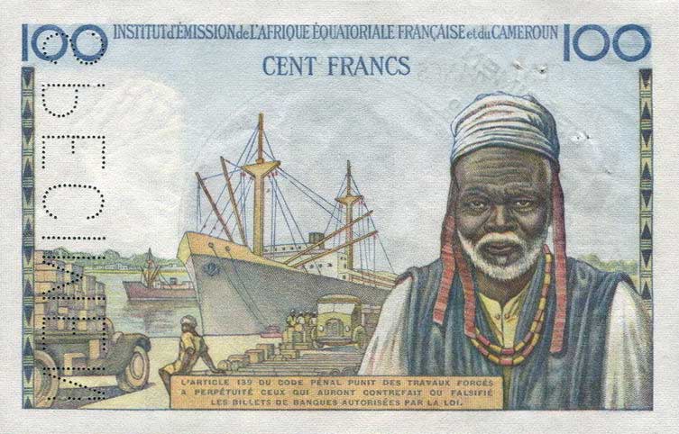 Back of French Equatorial Africa p32s: 100 Francs from 1957