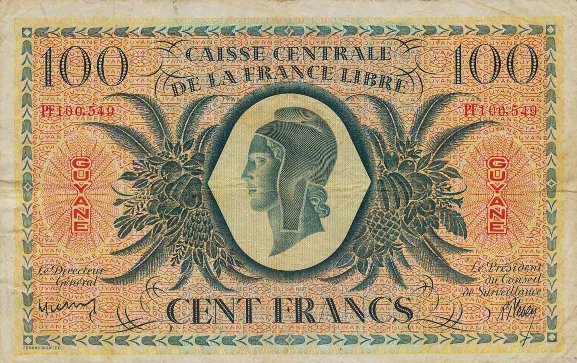 Front of French Guiana p16a: 100 Francs from 1941