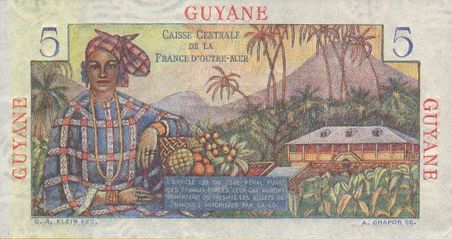 Back of French Guiana p19a: 5 Francs from 1947