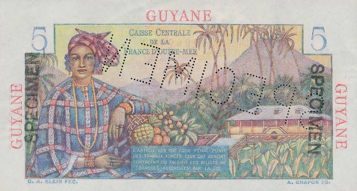 Back of French Guiana p19s: 5 Francs from 1947