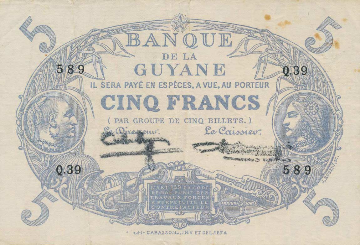 Front of French Guiana p1c: 5 Francs from 1939