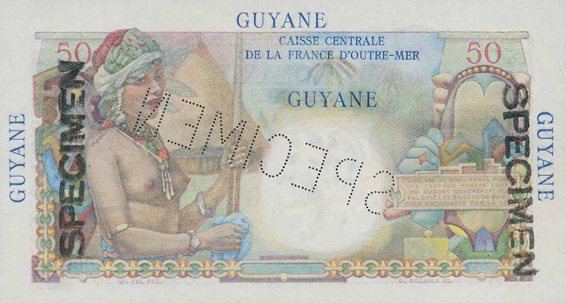 Back of French Guiana p22s: 50 Francs from 1947
