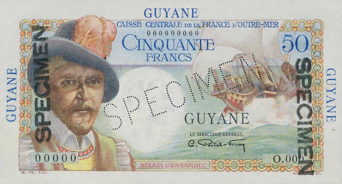 Front of French Guiana p22s: 50 Francs from 1947