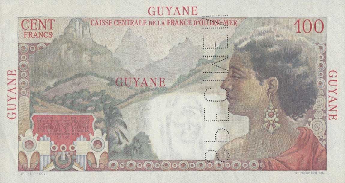 Back of French Guiana p23s: 100 Francs from 1947