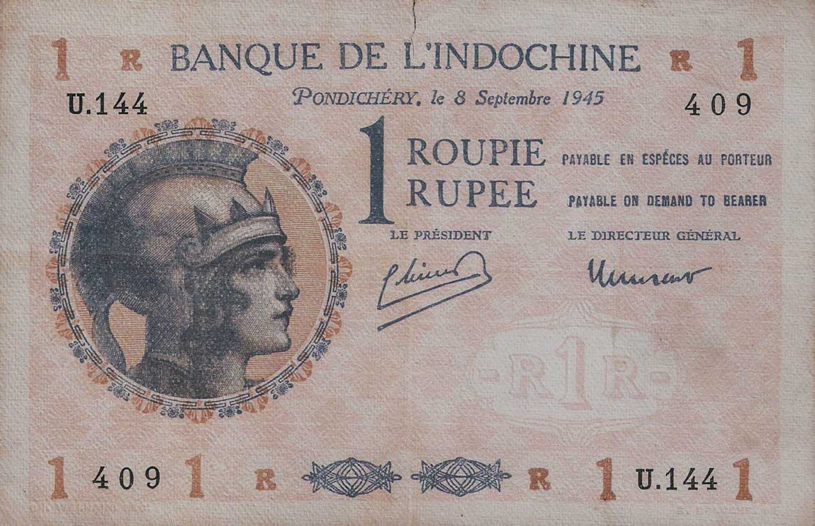 Front of French India p4e: 1 Roupie from 1945